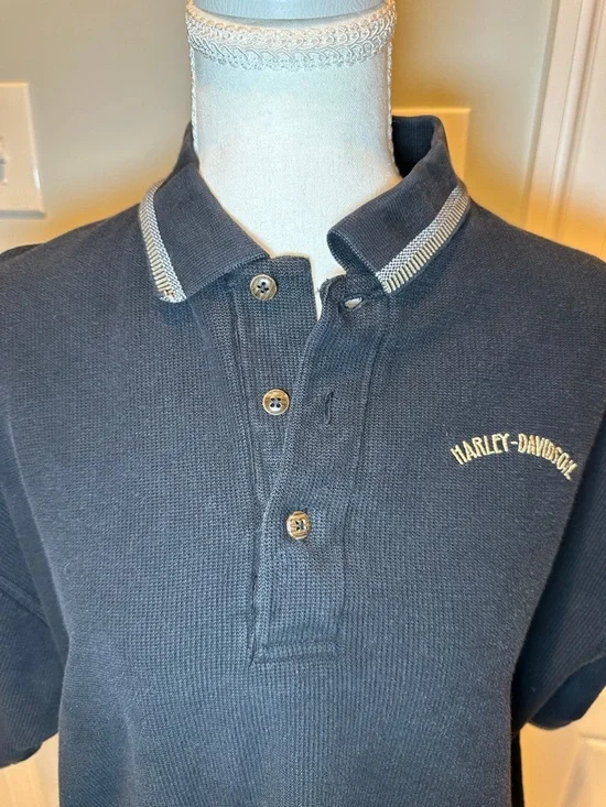 Vintage Harley-Davidson Black Knit Polo Shirt - Size Large - 100% Combed Cotton - Picture 4 of 13